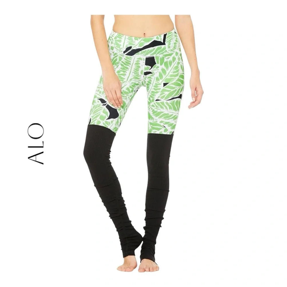 2030. ALO YOGA GODDESS LEGGINGS PRINT PALM SPRING GLOWSTICK BLACK SIZE SMALL NWT